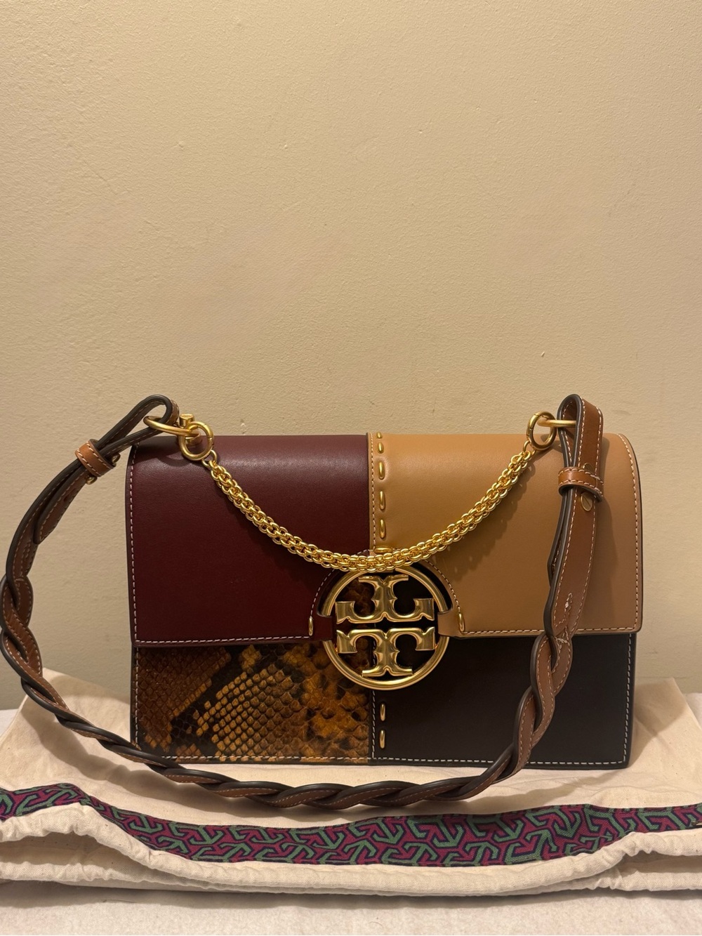 Tory Burch Miller Color-Block Mixed Materials Shoulder Bag Like New Dark Caramel